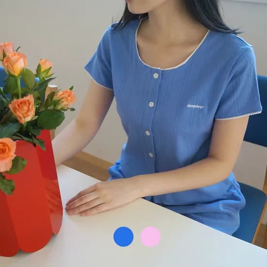 아일렛 반팔 파자마 세트 (블루, 핑크)
