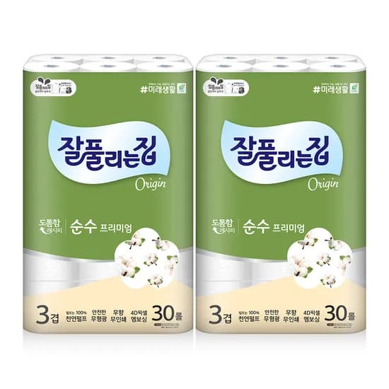 잘풀리는집 순수프리미엄 천연펄프 30m x 30롤 x 2팩