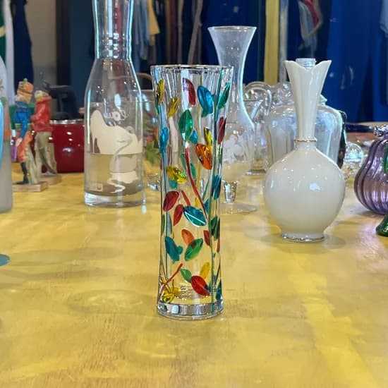 70s ITALY Murano Hand-Painted Leaf Vase