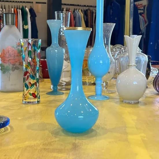 60s ITALY Murano Blue Opaline Gold Rim Vase 220,000원