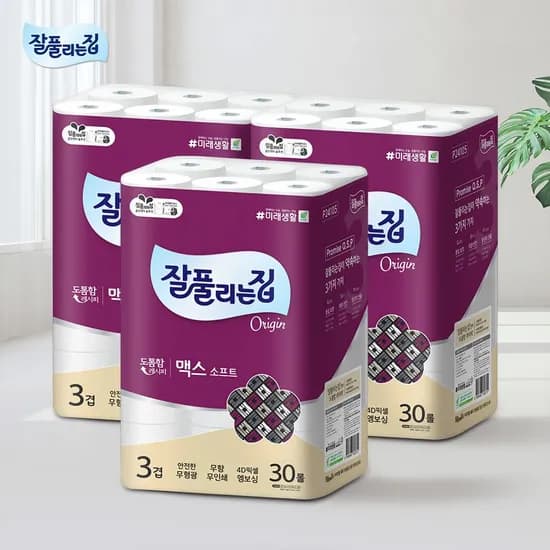 맥스 3겹 소프트 화장지 30m x 30롤 x 3팩