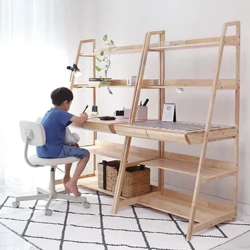 고무나무 원목 선반형 서랍 책상 2size
