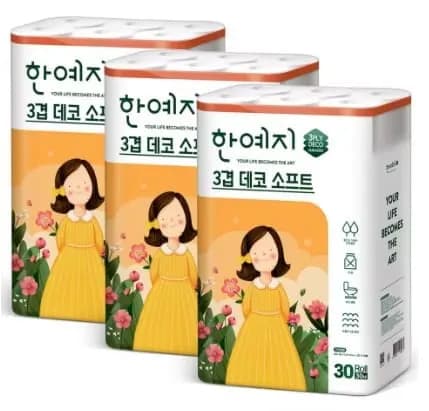 한예지 데코&소프트 천연펄프 3겹 화장지 30m 30롤 3팩