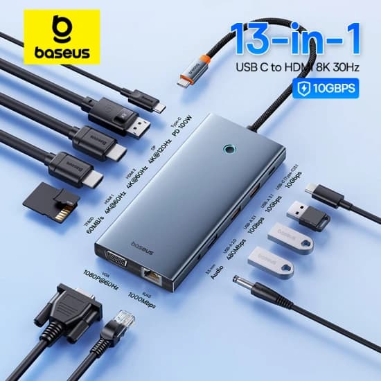 Baseus 맥북 PC용 USB C타입-HDMI 호환 허브 어댑터, 13-in-1 DP, 4K, 60Hz, 120Hz, RJ45, VGA 컨버터, PD 100W, USB 3.0 2.02