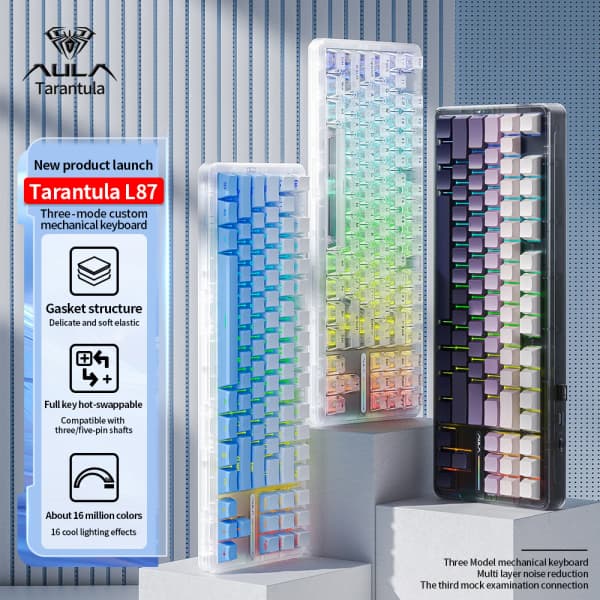 독거미 AULA L87 기계식 키보드, 2.4g, USB, 블루투스 트라이 모드, 무선 87 키, RGB, Pbt 개스킷, 5 레이어 사일런싱 전체 키($29.77/무배)