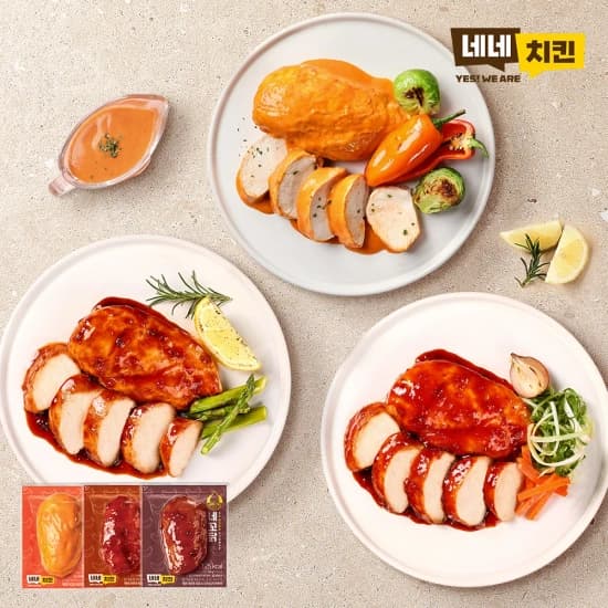 네네치킨 알리단독 BEST 소스 닭가슴살 3종 혼합 15팩 (22,366/무료) / 팩당 1,491원
