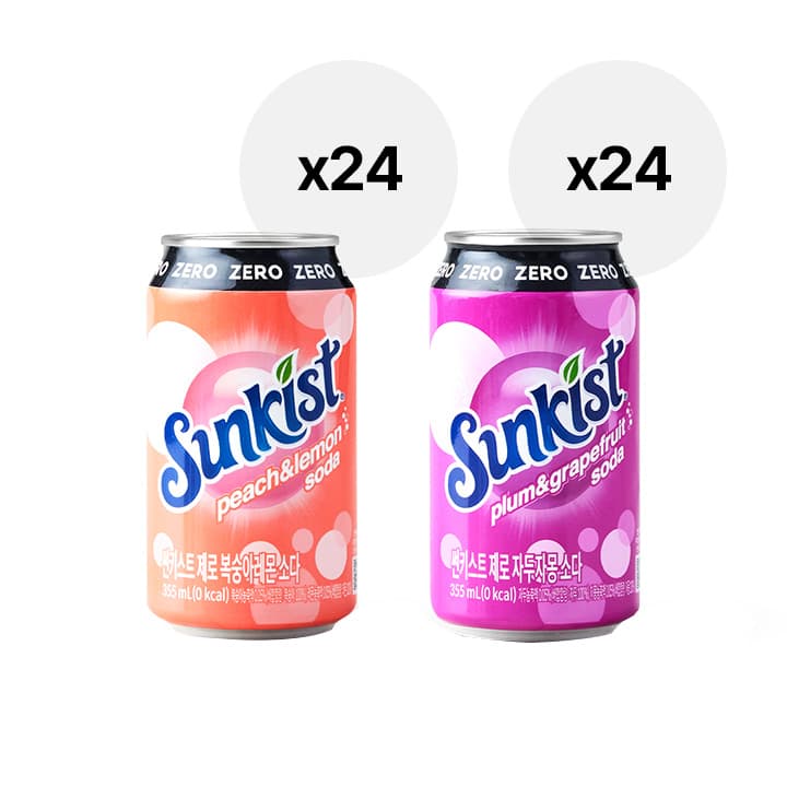 썬키스트 제로캔 355ml 48입(복숭아레몬24입+자두자몽 24입) (21,700원/무료)  페이코 + 쿠폰 = 13,026원
