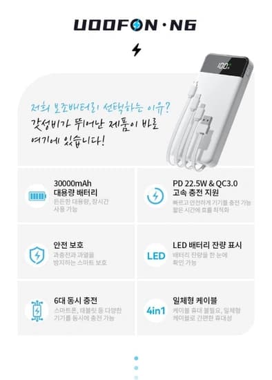 UOOFON 고속충전 대용량 보조배터리 30000mAh(24,900원/무배)4