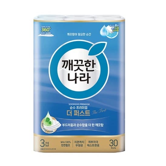 깨끗한나라 순수 프리미엄 더 퍼스트 천연펄프 3겹 고급롤화장지 30m x 30개입 (107mm 광폭) (16,770원/와우무료)