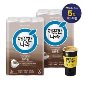 깨끗한나라 순수시그니처 화장지 브라운 30m 30롤 2팩(26,840원/무료)