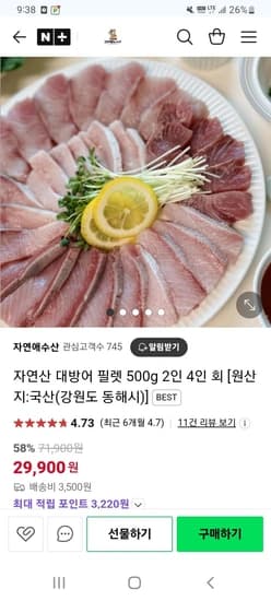 ]자연산 대방어 9kg이상급 필렛 500g (29,900원 / 3,500원)16