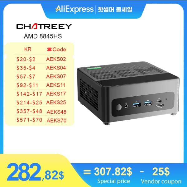 GMKtec K8 8845HS($200), GenMachine 4700U($80.06), 5825U($107.56), SOYO M4PRO($83.43/무료) 등등