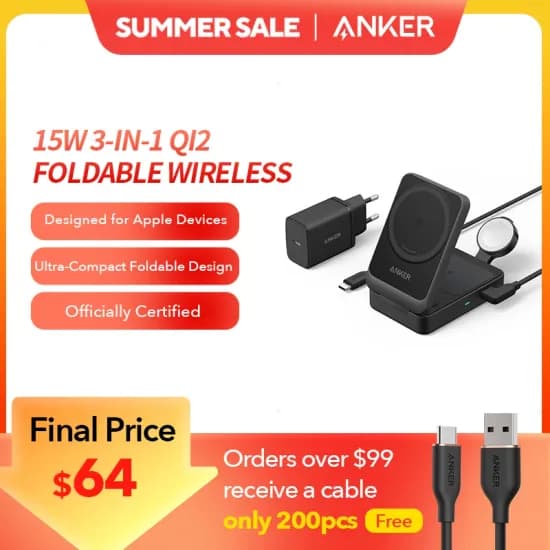 Anker MagGo 3-in-1 충전 스테이션, Qi2 인증 15W MagSafe 호환 무선 충전기 스탠드, MagSafe용 Apple Watch 충전기($62.72/무배)