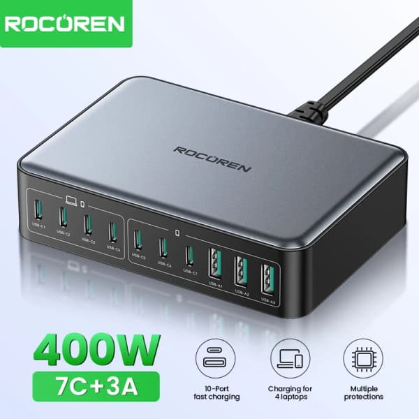 Rocoren 400W USB 유형 C 고속 충전기 iPhone 16 15 Pro Max MacBook Air 용 휴대용 200W 데스크탑 발전소 유형-C Gan 충전기