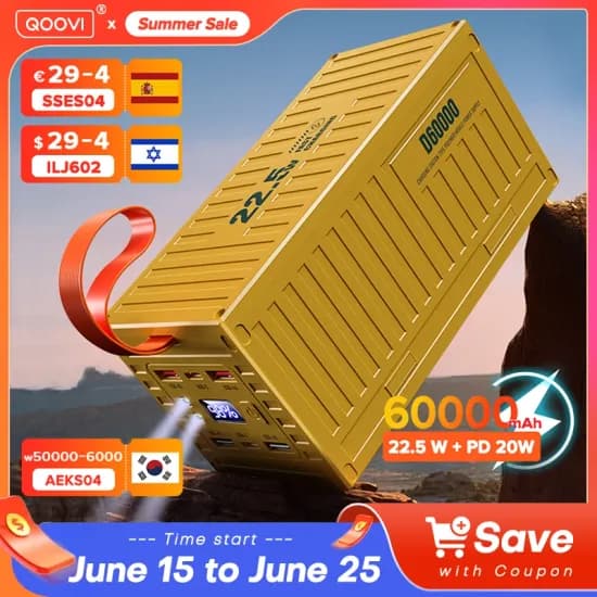 QOOVI 60000mAh 보조베터리 22.5W PD QC 3.0 충전기 보조베터리 대용량 배터리 용량 발전소 iPhone Xiaomi 용 고속 충전