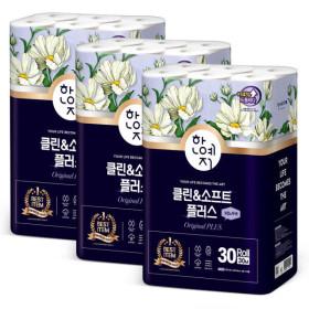 한예지 클린앤소프트 천연펄프 3겹 화장지 30m 30롤 3팩 (29,990원/무료)