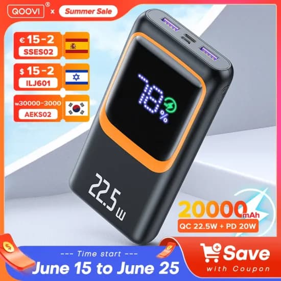 QOOVI 20000mAh 보조배터리 PD 22.5W ($7.34/무료)1