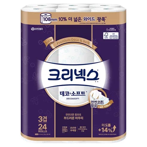 크리넥스 데코 앤 소프트 천연펄프 3겹 광폭 와이드 33m 24롤 1팩 (15,830원/와우무료)
