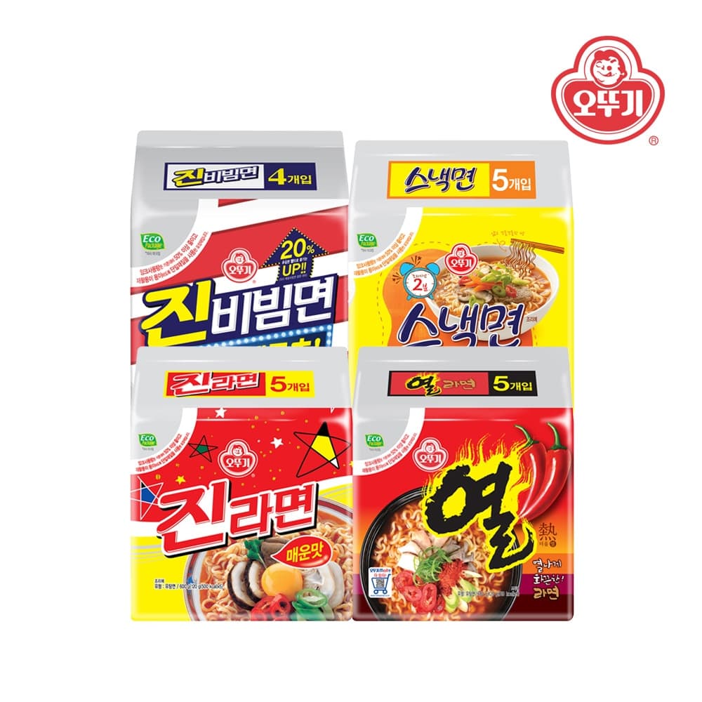 진라면 매운맛 +열라면 + 진비빔면+ 스낵면 19봉 (11,443원/무배)