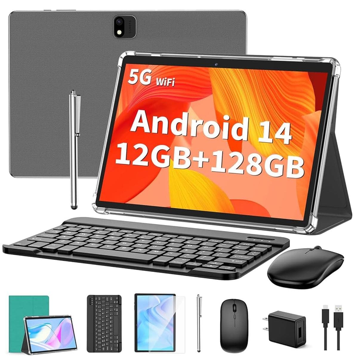 QDDQ 키보드가 있는 안드로이드 태블릿, 안드로이드 14 태블릿, 12(6+6) GB+128GB, 1TB 확장, 2 in 1, 마우스, 스타일러스, 8000mAh8