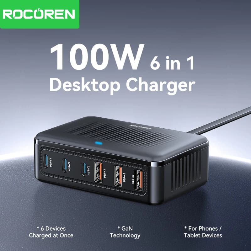 Rocoren USB 충전기 100W GaN 충전기 6 포트($8.02/무료)