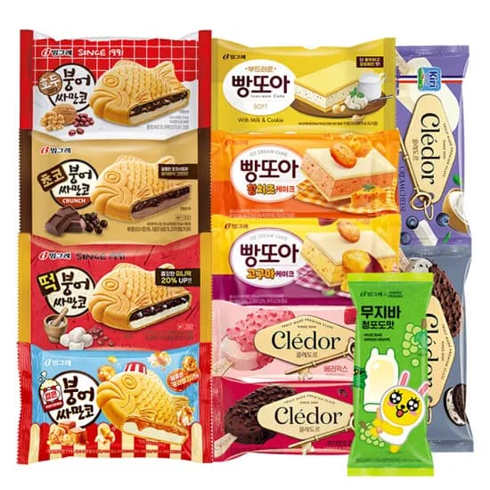 빵또아 붕어싸만코 7종 20개 끌레도르 바 4종 10개 무지바 1개