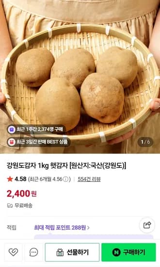 강원도 무농약 햇감자 2kg