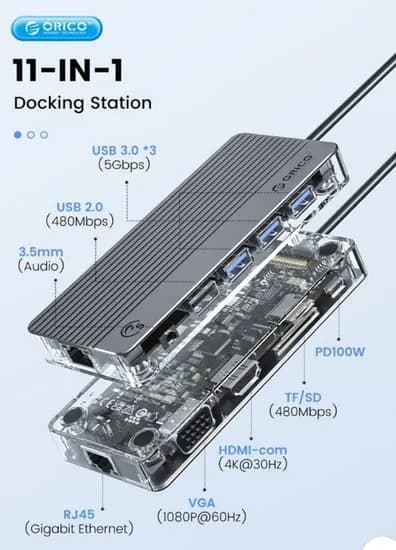 오리코 알루미늄 오디오 USB VGA 4K HDMI PD100W 투명 멀티허브