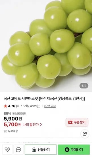국산 고당도 샤인머스켓 1kg