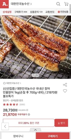 국내산 자포니카 민물장어 1kg (손질 후 700g)