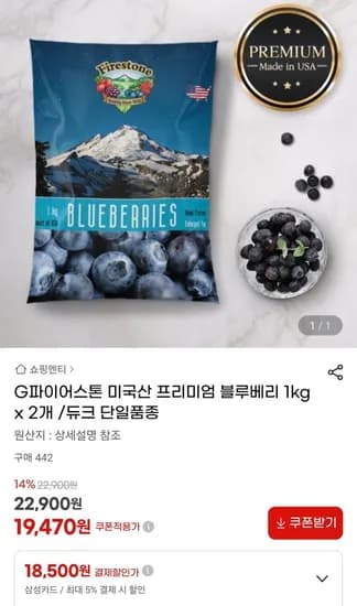 미국산 프리미엄 블루베리 1kg x 2개 듀크 단일품종