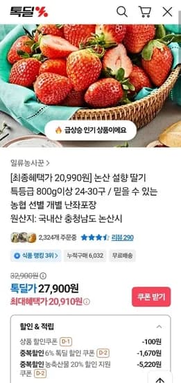 논산 설향 딸기 특등급 800g이상 24-30구
