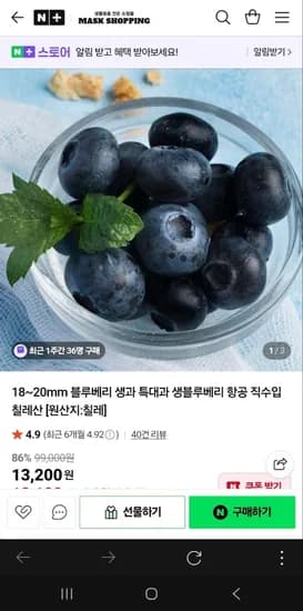 블루베리 생과 16~18mm 4팩(13,100원/3,500원)