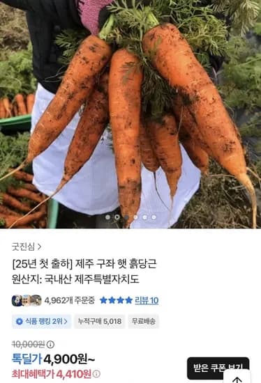 제주 구좌 햇 흙당근 중사이즈 5kg