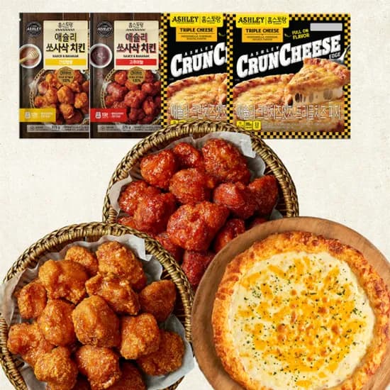애슐리 크런치즈엣지 트리플치즈피자 2판 쏘사삭벌꿀 1팩 쏘사삭고추마늘치킨 1팩