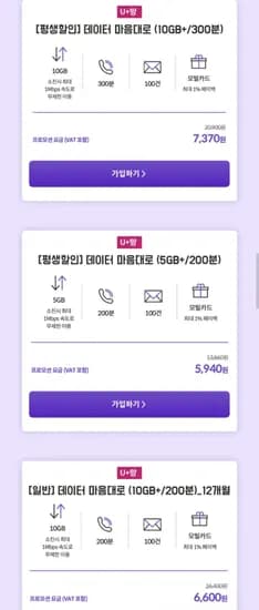 평생알뜰요금제 10gb+1mbps