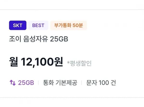 통화 기본 데이터 25GB 12100원 평생