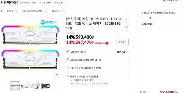 게일 DDR5-6000 CL38 GEMINI RGB White 16Gx2