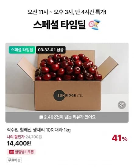 칠레산 생 체리 10R 대과 1kg 타임딜