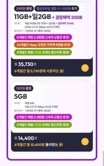 U+망 알뜰요금제 11GB 일2GB 결합시20GB 3Mbps 매월 신세계 쿠폰팩 6개월간 18만원 증정