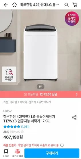 LG 통돌이세탁기 T17WX3 17kg