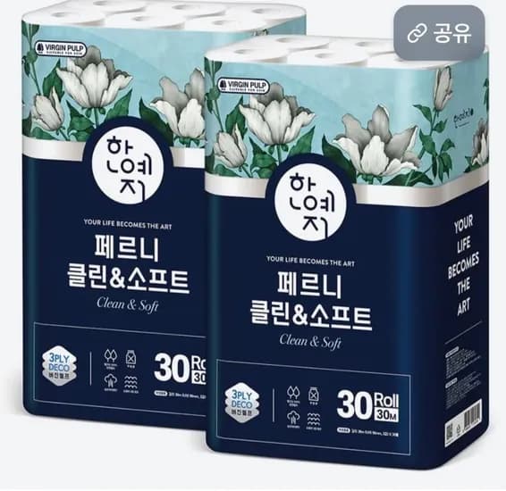 한예지 페르니 클린 소프트 화장지 3겹 30m 30롤 2팩