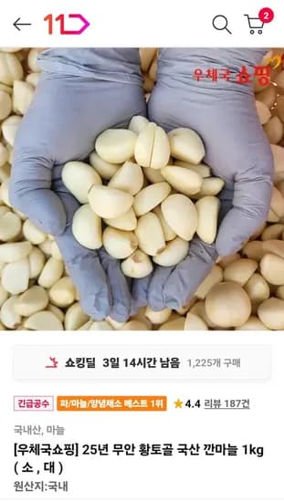 25년 무안 황토골 국산 깐마늘 1kg 소 대