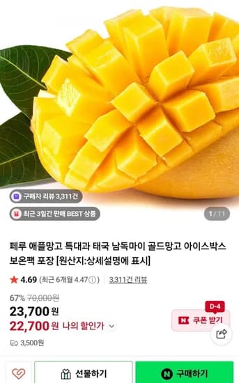 아이스박스 포장 페루 애플망고 태국 골드망고 2.5kg