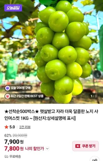 햇살받고 자라 더욱 달콤한 노지 샤인머스켓 1KG (7,800원/무료)