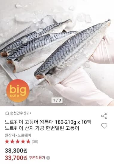 노르웨이 고등어 왕특대 180-210g 10팩 노르웨이 산지가공 한번 얼린 고등어 (33,700원/무배)