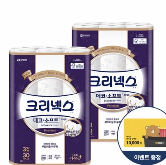 크리넥스 데코앤소프트 화이트 25M 30롤 2팩 (28,860원/무료) 시크릿쿠폰보유시 2.3만
