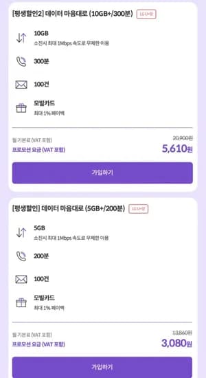 데이터 0gb+300분 (5,610원/무료)1