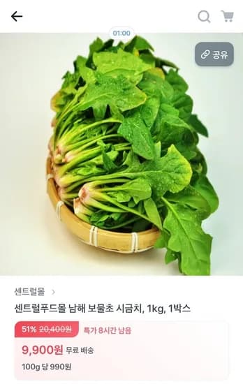 남해 보물초 시금치 1kg (9,900원/무배)