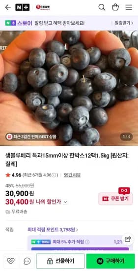 블루베리 특과 15mm이상 125g x 12팩 (30,400원/무배)